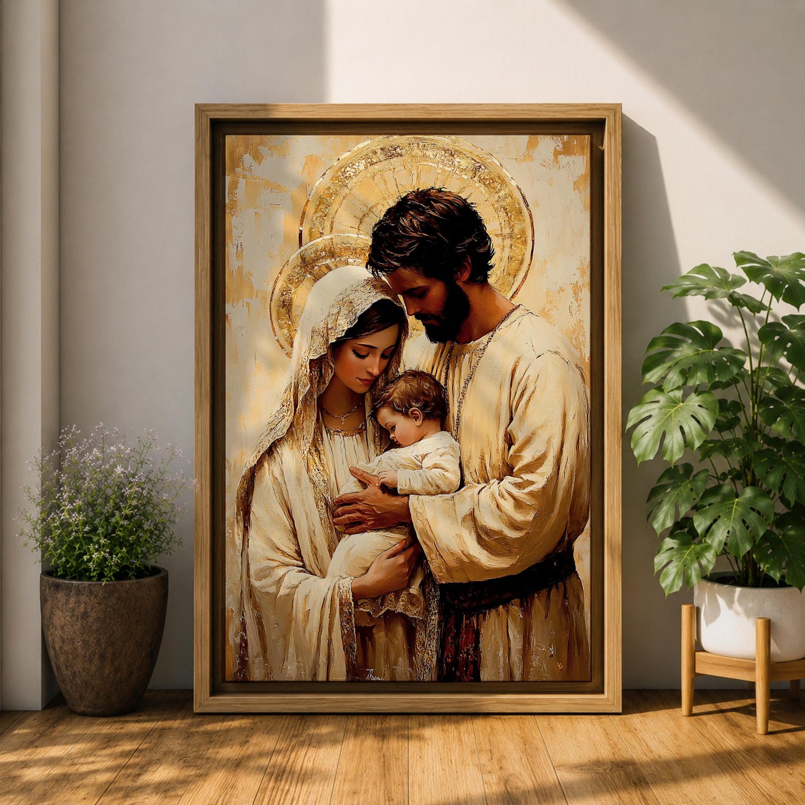 Painting of the Holy Family showing Mary, Joseph, and the infant Jesus gathered closely together with soft halos behind their heads, rendered in a warm Renaissance inspired style with earthy tones, gentle lighting, flowing garments, and tender expressions as the parents cradle the child in a calm devotional composition emphasizing intimacy, faith, and familial connection.