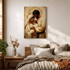 Painting of the Holy Family showing Mary, Joseph, and the infant Jesus gathered closely together with soft halos behind their heads, rendered in a warm Renaissance inspired style with earthy tones, gentle lighting, flowing garments, and tender expressions as the parents cradle the child in a calm devotional composition emphasizing intimacy, faith, and familial connection.