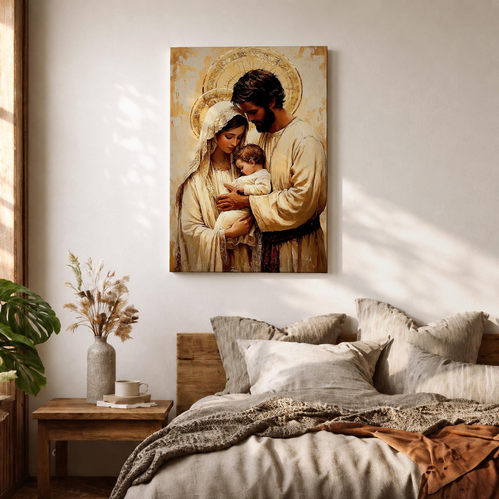 Painting of the Holy Family showing Mary, Joseph, and the infant Jesus gathered closely together with soft halos behind their heads, rendered in a warm Renaissance inspired style with earthy tones, gentle lighting, flowing garments, and tender expressions as the parents cradle the child in a calm devotional composition emphasizing intimacy, faith, and familial connection.