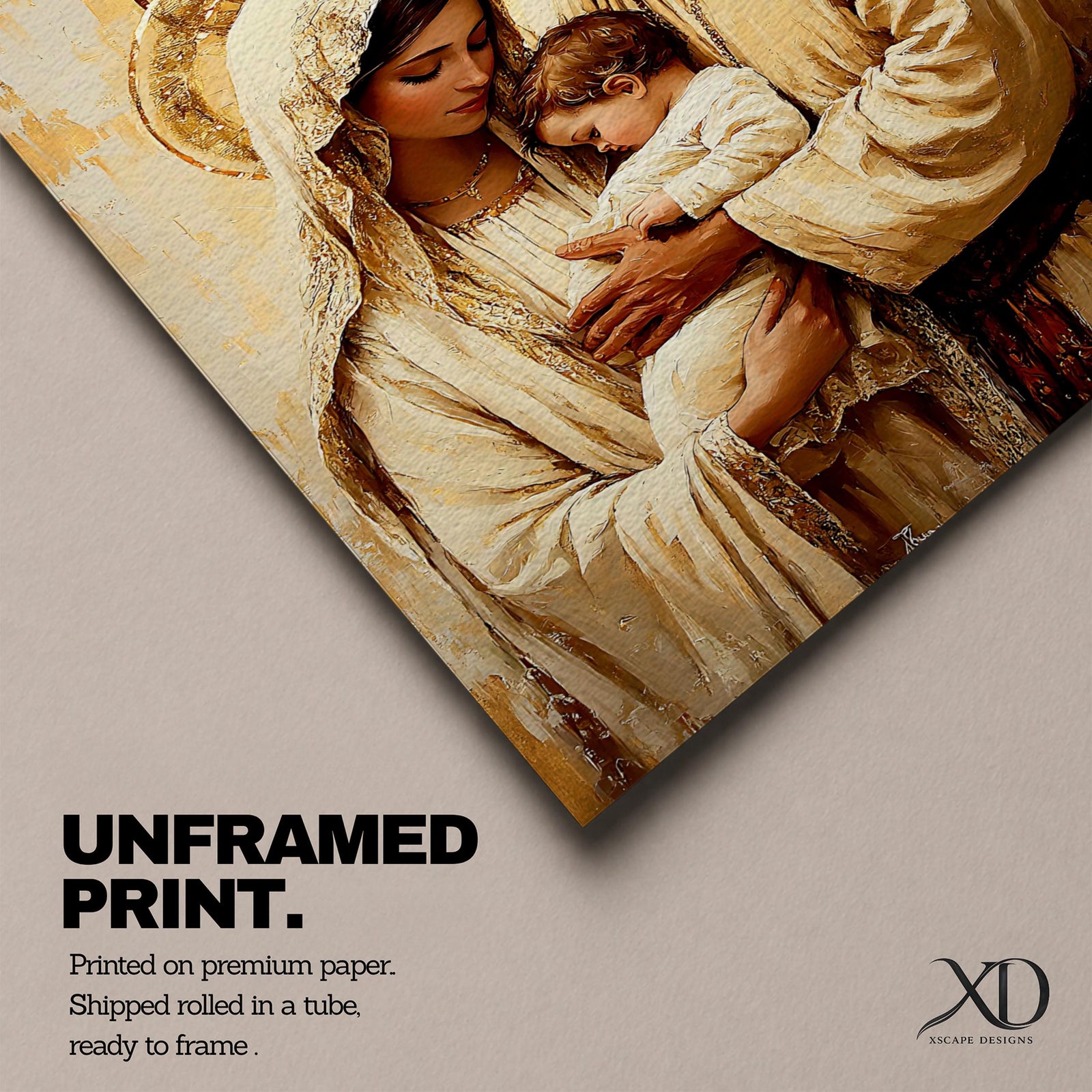 Painting of the Holy Family showing Mary, Joseph, and the infant Jesus gathered closely together with soft halos behind their heads, rendered in a warm Renaissance inspired style with earthy tones, gentle lighting, flowing garments, and tender expressions as the parents cradle the child in a calm devotional composition emphasizing intimacy, faith, and familial connection.