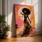 An abstract painting of Lady Justice depicted as a Black woman with a blindfold and voluminous afro, holding balanced scales and a sword, her flowing dress rendered in layered gold and earthy brushstrokes set against a textured pink and warm-toned background with a circular glowing form behind her.