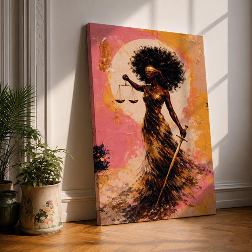 An abstract painting of Lady Justice depicted as a Black woman with a blindfold and voluminous afro, holding balanced scales and a sword, her flowing dress rendered in layered gold and earthy brushstrokes set against a textured pink and warm-toned background with a circular glowing form behind her.