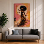 An abstract painting of Lady Justice depicted as a Black woman with a blindfold and voluminous afro, holding balanced scales and a sword, her flowing dress rendered in layered gold and earthy brushstrokes set against a textured pink and warm-toned background with a circular glowing form behind her.