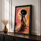 An abstract painting of Lady Justice depicted as a Black woman with a blindfold and voluminous afro, holding balanced scales and a sword, her flowing dress rendered in layered gold and earthy brushstrokes set against a textured pink and warm-toned background with a circular glowing form behind her.