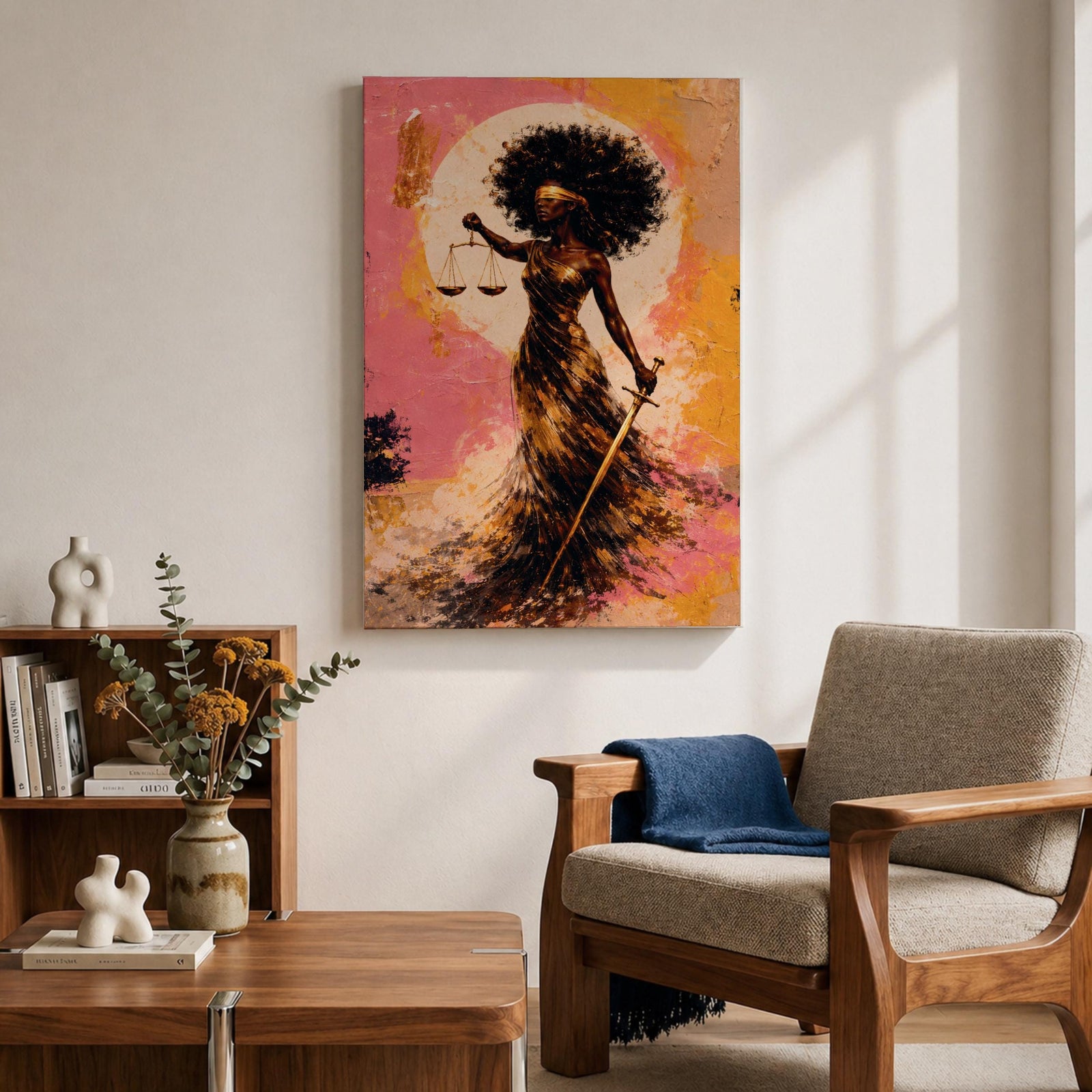 An abstract painting of Lady Justice depicted as a Black woman with a blindfold and voluminous afro, holding balanced scales and a sword, her flowing dress rendered in layered gold and earthy brushstrokes set against a textured pink and warm-toned background with a circular glowing form behind her.