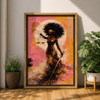 An abstract painting of Lady Justice depicted as a Black woman with a blindfold and voluminous afro, holding balanced scales and a sword, her flowing dress rendered in layered gold and earthy brushstrokes set against a textured pink and warm-toned background with a circular glowing form behind her.