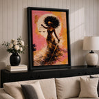 An abstract painting of Lady Justice depicted as a Black woman with a blindfold and voluminous afro, holding balanced scales and a sword, her flowing dress rendered in layered gold and earthy brushstrokes set against a textured pink and warm-toned background with a circular glowing form behind her.