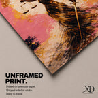 An abstract painting of Lady Justice depicted as a Black woman with a blindfold and voluminous afro, holding balanced scales and a sword, her flowing dress rendered in layered gold and earthy brushstrokes set against a textured pink and warm-toned background with a circular glowing form behind her.