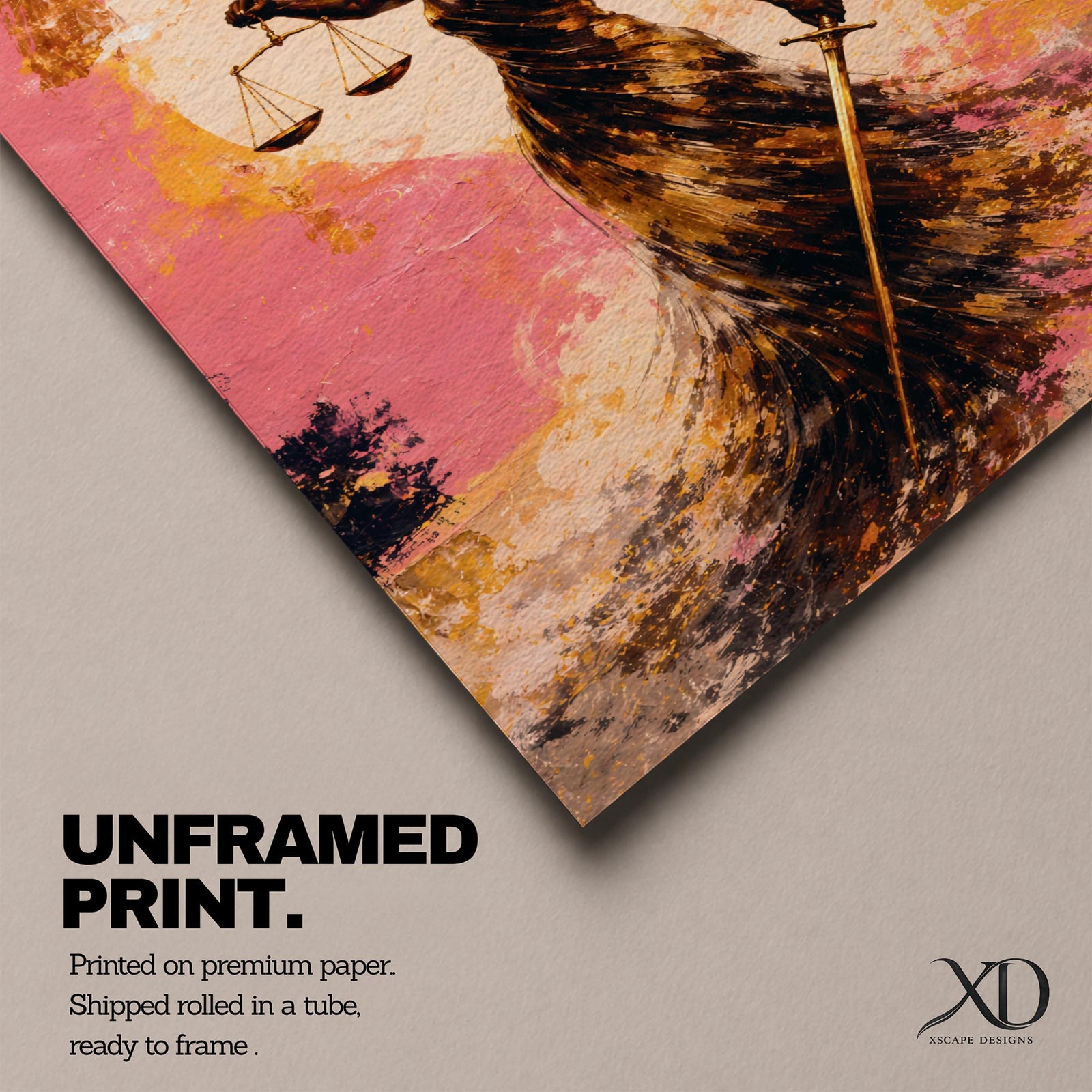 An abstract painting of Lady Justice depicted as a Black woman with a blindfold and voluminous afro, holding balanced scales and a sword, her flowing dress rendered in layered gold and earthy brushstrokes set against a textured pink and warm-toned background with a circular glowing form behind her.