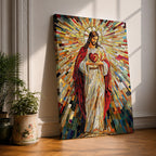 A vibrant mosaic artwork depicting the Sacred Heart of Jesus with radiant geometric stained glass tiles. The figure is shown holding a heart with rays emanating outward, framed in wood, combining traditional religious iconography with a colorful mosaic style.