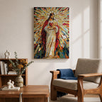 A vibrant mosaic artwork depicting the Sacred Heart of Jesus with radiant geometric stained glass tiles. The figure is shown holding a heart with rays emanating outward, framed in wood, combining traditional religious iconography with a colorful mosaic style.