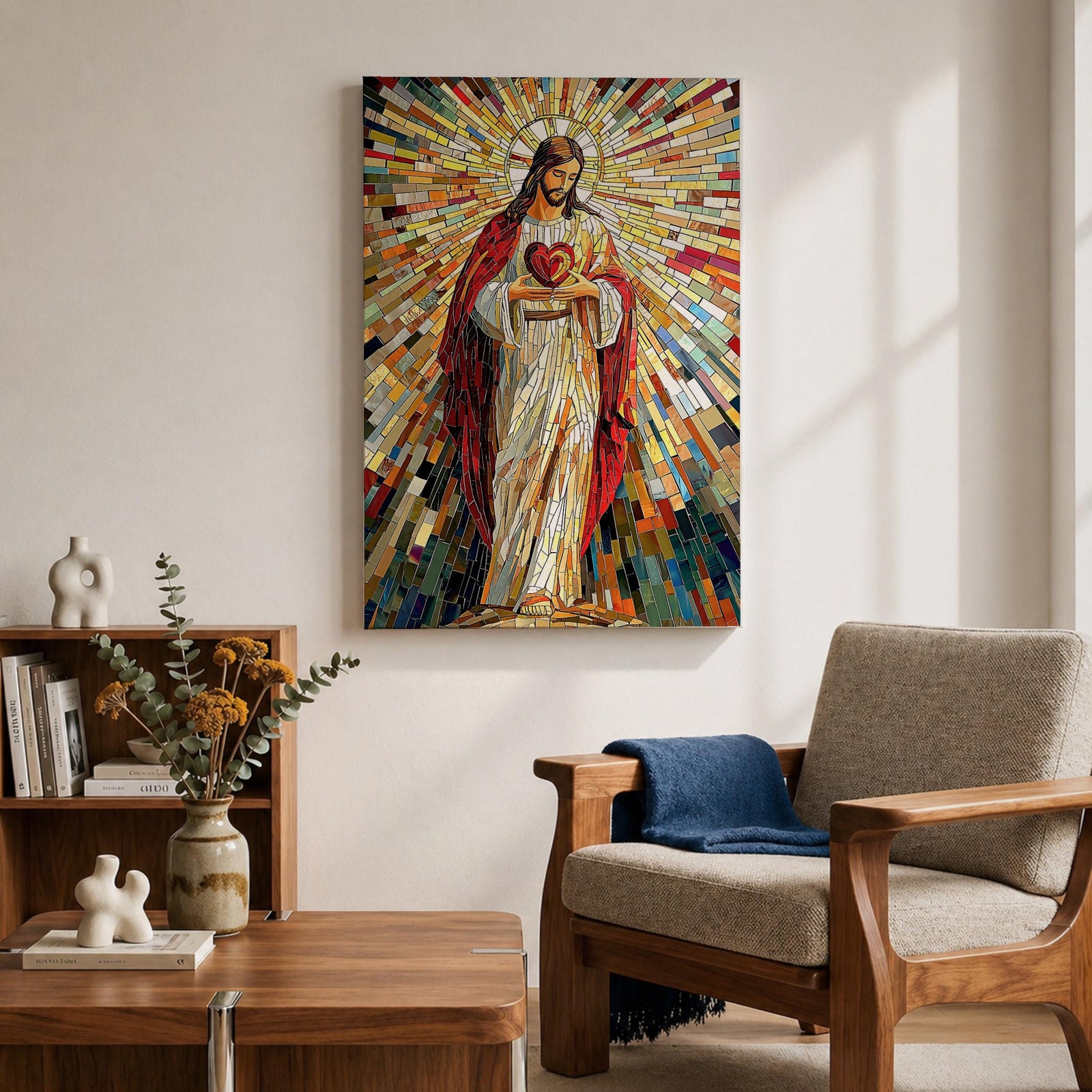 A vibrant mosaic artwork depicting the Sacred Heart of Jesus with radiant geometric stained glass tiles. The figure is shown holding a heart with rays emanating outward, framed in wood, combining traditional religious iconography with a colorful mosaic style.