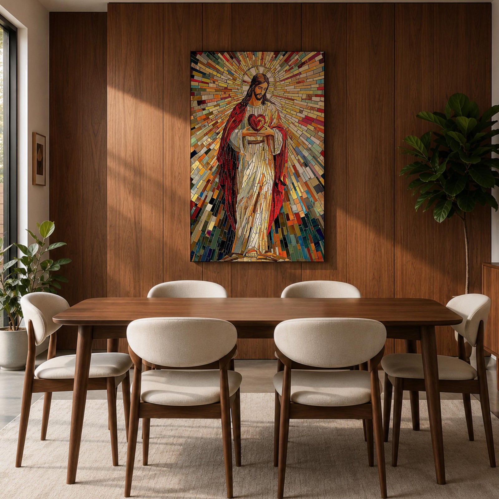 A vibrant mosaic artwork depicting the Sacred Heart of Jesus with radiant geometric stained glass tiles. The figure is shown holding a heart with rays emanating outward, framed in wood, combining traditional religious iconography with a colorful mosaic style.