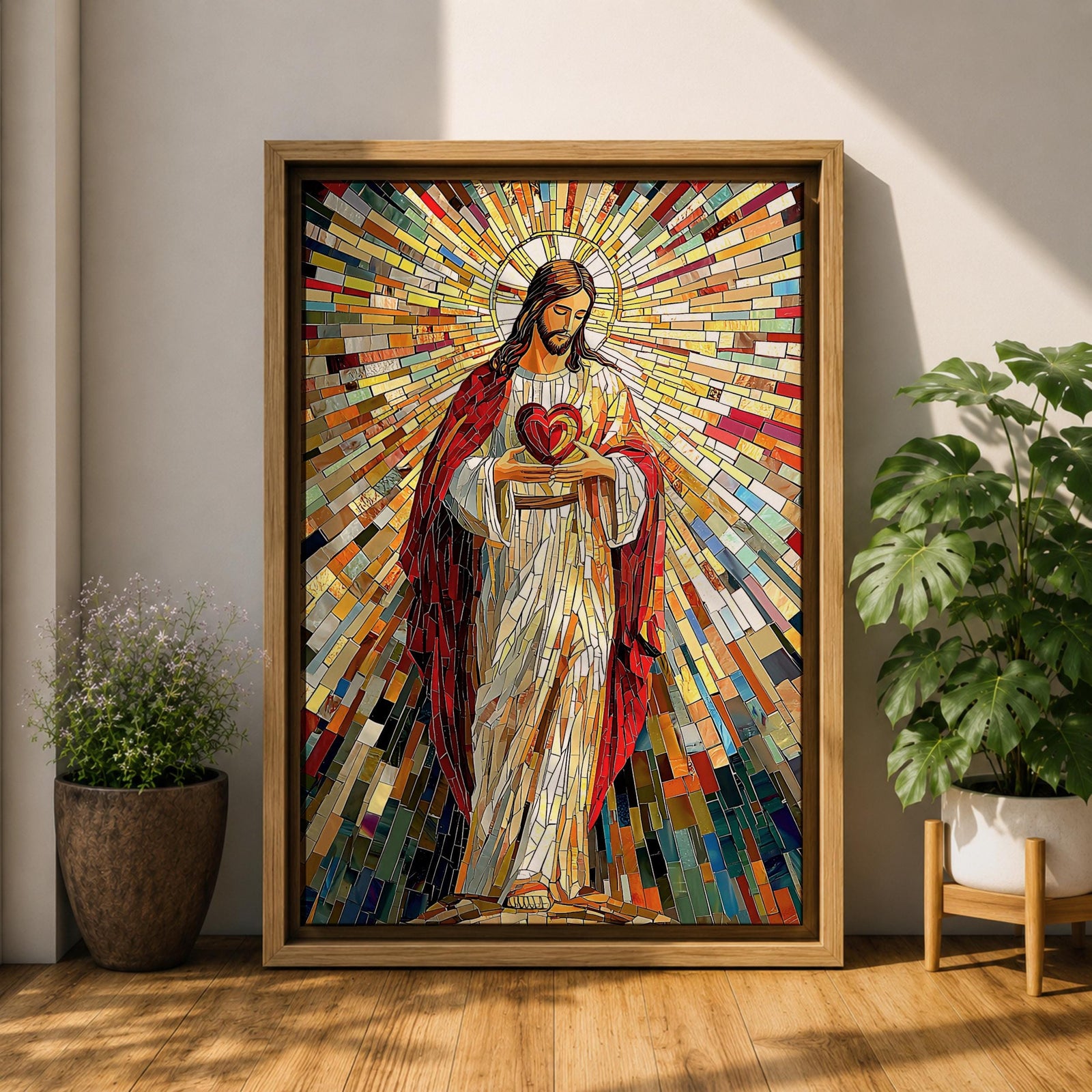 A vibrant mosaic artwork depicting the Sacred Heart of Jesus with radiant geometric stained glass tiles. The figure is shown holding a heart with rays emanating outward, framed in wood, combining traditional religious iconography with a colorful mosaic style.