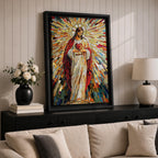 A vibrant mosaic artwork depicting the Sacred Heart of Jesus with radiant geometric stained glass tiles. The figure is shown holding a heart with rays emanating outward, framed in wood, combining traditional religious iconography with a colorful mosaic style.