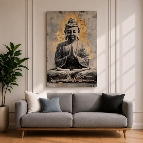 A vintage-style framed canvas wall art depicting Buddha in a seated meditation pose with hands in prayer gesture. The artwork features textured, aged effects with a warm background, emphasizing a serene and contemplative Buddhist theme in a classic vintage visual style.