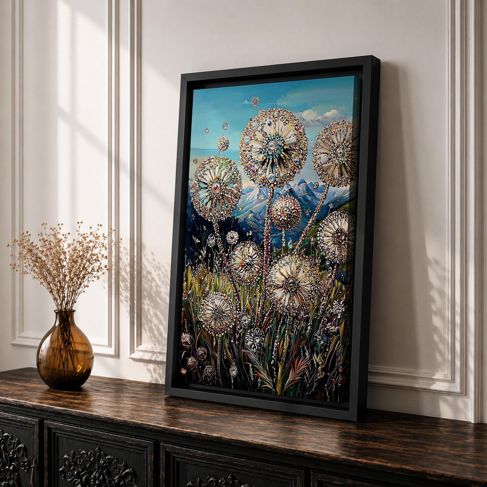 A detailed painting of dandelion puffballs in a natural field setting with intricate floral elements and a blue sky background. The artwork captures the delicate seed heads with fine detail and vibrant botanical imagery, emphasizing nature’s beauty in a realistic floral style.