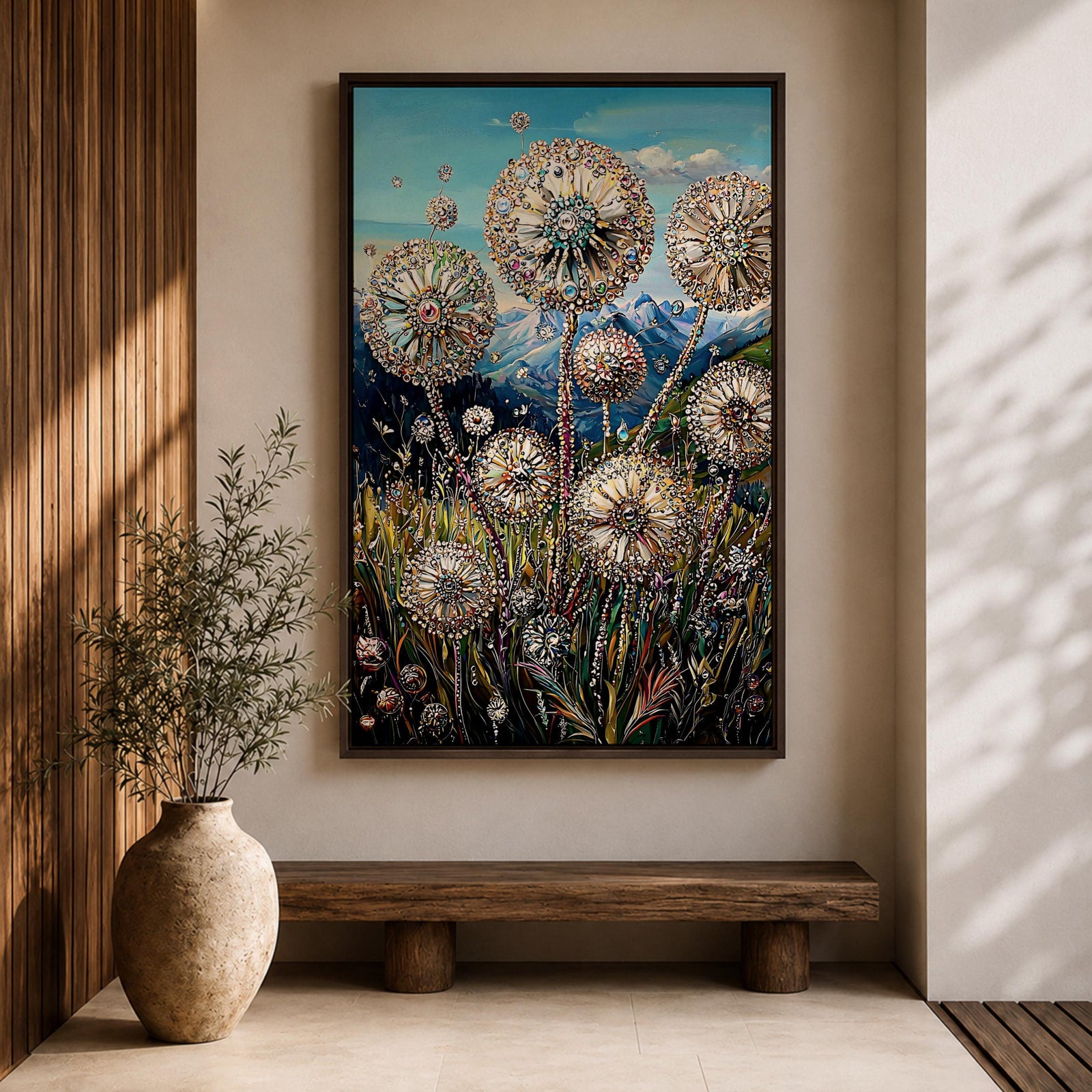 A detailed painting of dandelion puffballs in a natural field setting with intricate floral elements and a blue sky background. The artwork captures the delicate seed heads with fine detail and vibrant botanical imagery, emphasizing nature’s beauty in a realistic floral style.