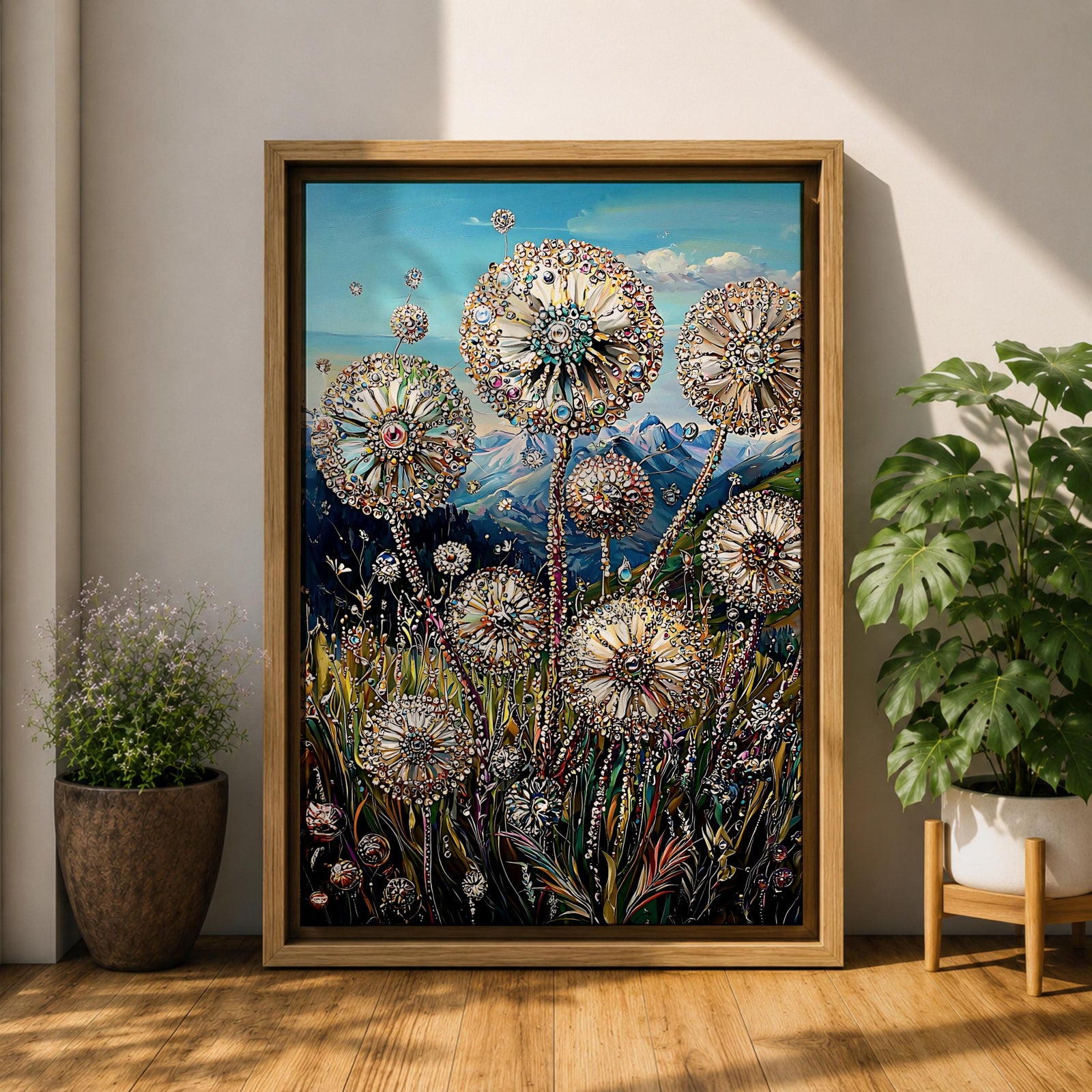 A detailed painting of dandelion puffballs in a natural field setting with intricate floral elements and a blue sky background. The artwork captures the delicate seed heads with fine detail and vibrant botanical imagery, emphasizing nature’s beauty in a realistic floral style.