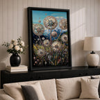 A detailed painting of dandelion puffballs in a natural field setting with intricate floral elements and a blue sky background. The artwork captures the delicate seed heads with fine detail and vibrant botanical imagery, emphasizing nature’s beauty in a realistic floral style.