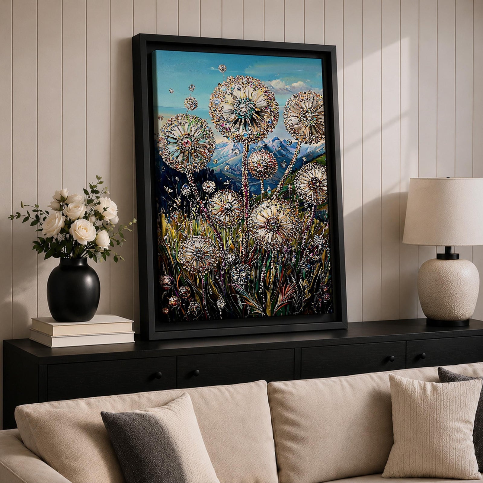 A detailed painting of dandelion puffballs in a natural field setting with intricate floral elements and a blue sky background. The artwork captures the delicate seed heads with fine detail and vibrant botanical imagery, emphasizing nature’s beauty in a realistic floral style.