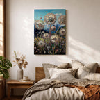 A detailed painting of dandelion puffballs in a natural field setting with intricate floral elements and a blue sky background. The artwork captures the delicate seed heads with fine detail and vibrant botanical imagery, emphasizing nature’s beauty in a realistic floral style.
