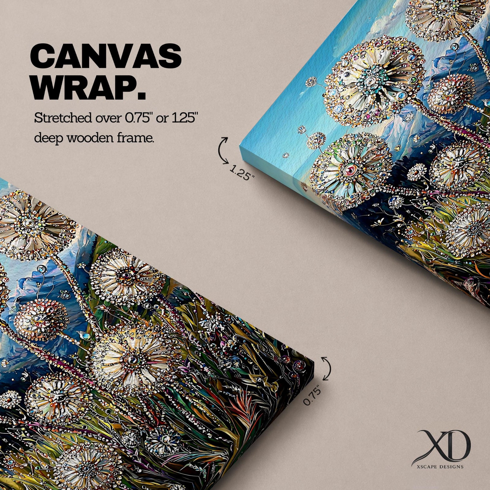 A detailed painting of dandelion puffballs in a natural field setting with intricate floral elements and a blue sky background. The artwork captures the delicate seed heads with fine detail and vibrant botanical imagery, emphasizing nature’s beauty in a realistic floral style.