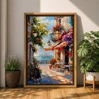A vibrant Mediterranean café scene featuring a cozy outdoor patio with tables and chairs, colorful flowers cascading from balconies, and a distant view of the sea. The artwork captures a lively coastal atmosphere with impressionistic brushstrokes and rich textures, evoking a warm and inviting cityscape.