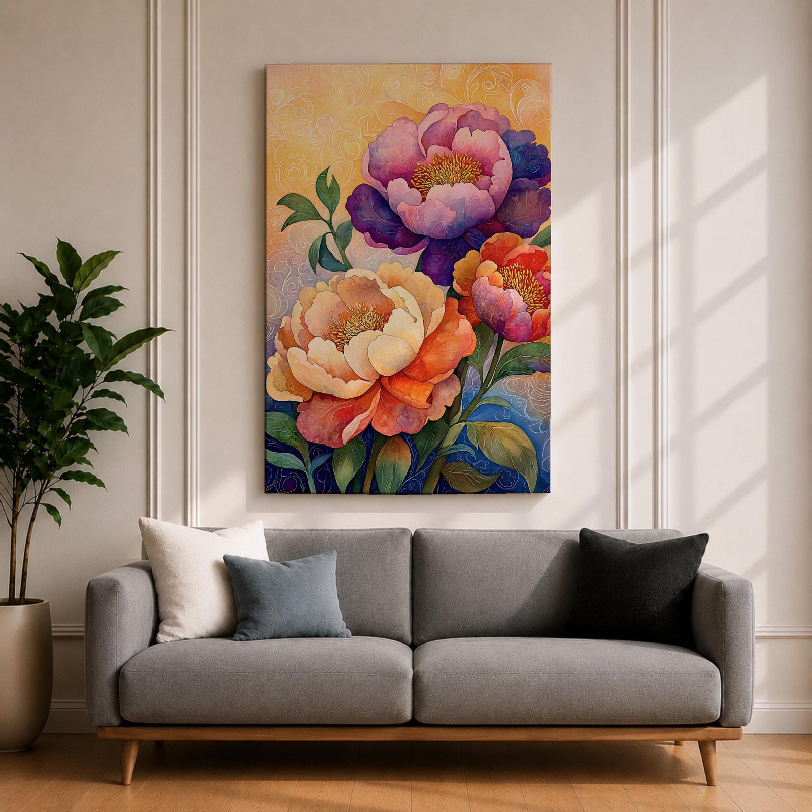 A vibrant floral artwork featuring three large peony blossoms in shades of purple, pink, orange, and cream with detailed petals and green leaves against a softly textured background, rendered in a realistic botanical style emphasizing natural form and color.