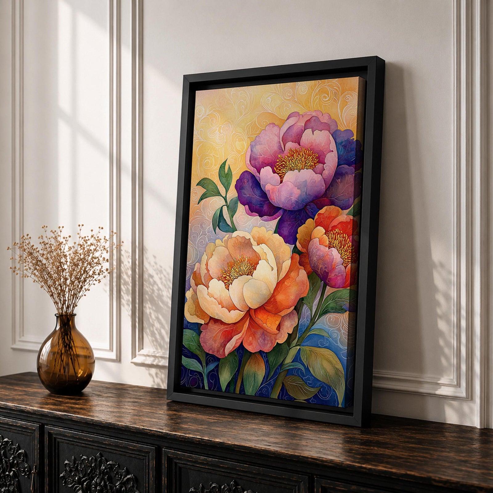 A vibrant floral artwork featuring three large peony blossoms in shades of purple, pink, orange, and cream with detailed petals and green leaves against a softly textured background, rendered in a realistic botanical style emphasizing natural form and color.
