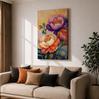 A vibrant floral artwork featuring three large peony blossoms in shades of purple, pink, orange, and cream with detailed petals and green leaves against a softly textured background, rendered in a realistic botanical style emphasizing natural form and color.