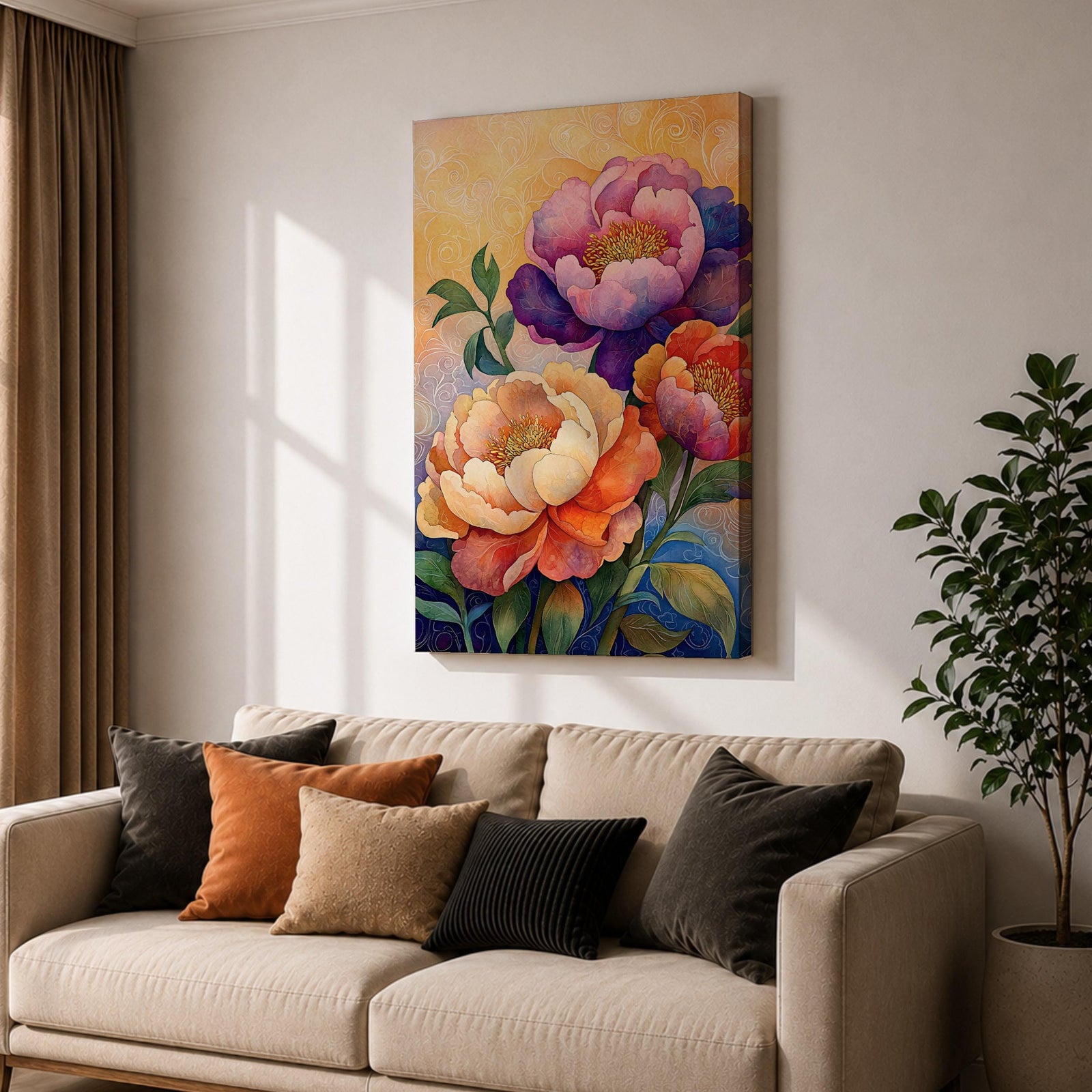 A vibrant floral artwork featuring three large peony blossoms in shades of purple, pink, orange, and cream with detailed petals and green leaves against a softly textured background, rendered in a realistic botanical style emphasizing natural form and color.