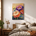 A vibrant floral artwork featuring three large peony blossoms in shades of purple, pink, orange, and cream with detailed petals and green leaves against a softly textured background, rendered in a realistic botanical style emphasizing natural form and color.