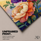 A vibrant floral artwork featuring three large peony blossoms in shades of purple, pink, orange, and cream with detailed petals and green leaves against a softly textured background, rendered in a realistic botanical style emphasizing natural form and color.