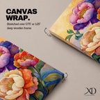 A vibrant floral artwork featuring three large peony blossoms in shades of purple, pink, orange, and cream with detailed petals and green leaves against a softly textured background, rendered in a realistic botanical style emphasizing natural form and color.