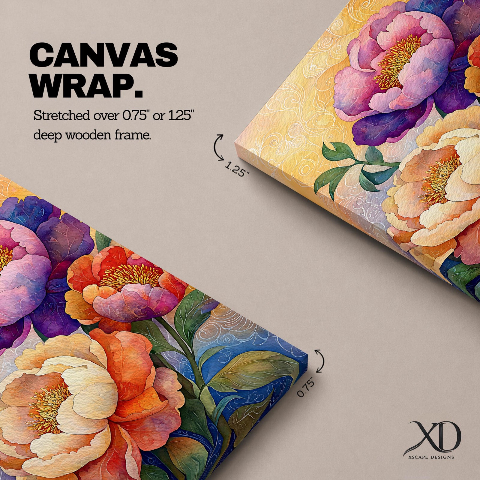 A vibrant floral artwork featuring three large peony blossoms in shades of purple, pink, orange, and cream with detailed petals and green leaves against a softly textured background, rendered in a realistic botanical style emphasizing natural form and color.