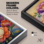 A vibrant floral artwork featuring three large peony blossoms in shades of purple, pink, orange, and cream with detailed petals and green leaves against a softly textured background, rendered in a realistic botanical style emphasizing natural form and color.