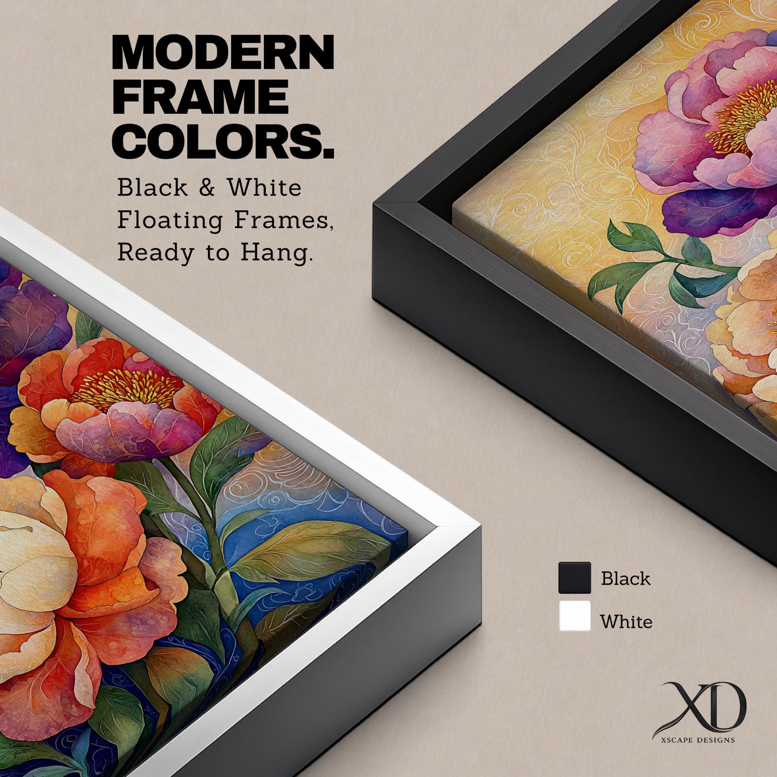 A vibrant floral artwork featuring three large peony blossoms in shades of purple, pink, orange, and cream with detailed petals and green leaves against a softly textured background, rendered in a realistic botanical style emphasizing natural form and color.