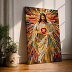 A vibrant mosaic stained glass style artwork depicting the Sacred Heart of Jesus holding a glowing heart. The image features intricate geometric glass fragments in warm tones radiating outward, emphasizing the central figure with flowing robes and a halo behind his head, rendered in a religious mosaic style.