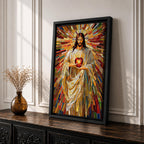 A vibrant mosaic stained glass style artwork depicting the Sacred Heart of Jesus holding a glowing heart. The image features intricate geometric glass fragments in warm tones radiating outward, emphasizing the central figure with flowing robes and a halo behind his head, rendered in a religious mosaic style.