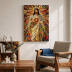 A vibrant mosaic stained glass style artwork depicting the Sacred Heart of Jesus holding a glowing heart. The image features intricate geometric glass fragments in warm tones radiating outward, emphasizing the central figure with flowing robes and a halo behind his head, rendered in a religious mosaic style.