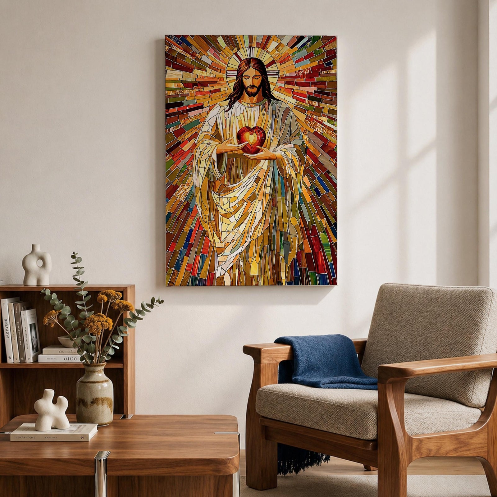 A vibrant mosaic stained glass style artwork depicting the Sacred Heart of Jesus holding a glowing heart. The image features intricate geometric glass fragments in warm tones radiating outward, emphasizing the central figure with flowing robes and a halo behind his head, rendered in a religious mosaic style.