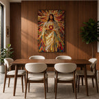 A vibrant mosaic stained glass style artwork depicting the Sacred Heart of Jesus holding a glowing heart. The image features intricate geometric glass fragments in warm tones radiating outward, emphasizing the central figure with flowing robes and a halo behind his head, rendered in a religious mosaic style.