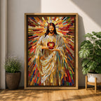 A vibrant mosaic stained glass style artwork depicting the Sacred Heart of Jesus holding a glowing heart. The image features intricate geometric glass fragments in warm tones radiating outward, emphasizing the central figure with flowing robes and a halo behind his head, rendered in a religious mosaic style.