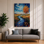An impasto style oil painting depicting an autumn river winding through a vibrant landscape with colorful fall foliage, swirling water patterns, and a bright sky with clouds. The textured brushstrokes emphasize the natural scene of a river flowing between grassy fields and trees in autumn.