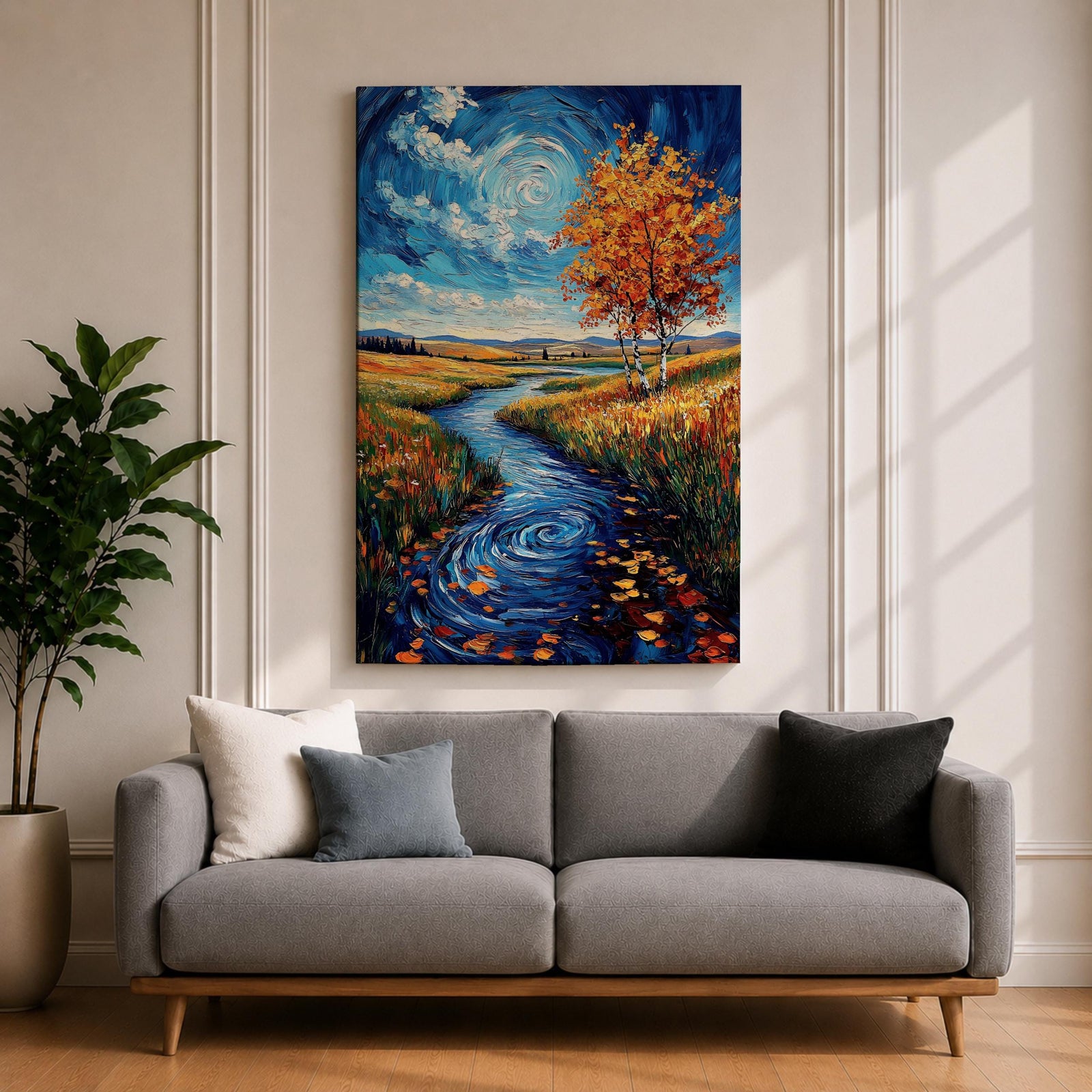 An impasto style oil painting depicting an autumn river winding through a vibrant landscape with colorful fall foliage, swirling water patterns, and a bright sky with clouds. The textured brushstrokes emphasize the natural scene of a river flowing between grassy fields and trees in autumn.