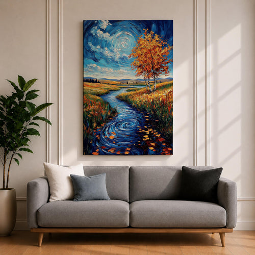 An impasto style oil painting depicting an autumn river winding through a vibrant landscape with colorful fall foliage, swirling water patterns, and a bright sky with clouds. The textured brushstrokes emphasize the natural scene of a river flowing between grassy fields and trees in autumn.