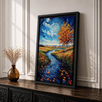 An impasto style oil painting depicting an autumn river winding through a vibrant landscape with colorful fall foliage, swirling water patterns, and a bright sky with clouds. The textured brushstrokes emphasize the natural scene of a river flowing between grassy fields and trees in autumn.