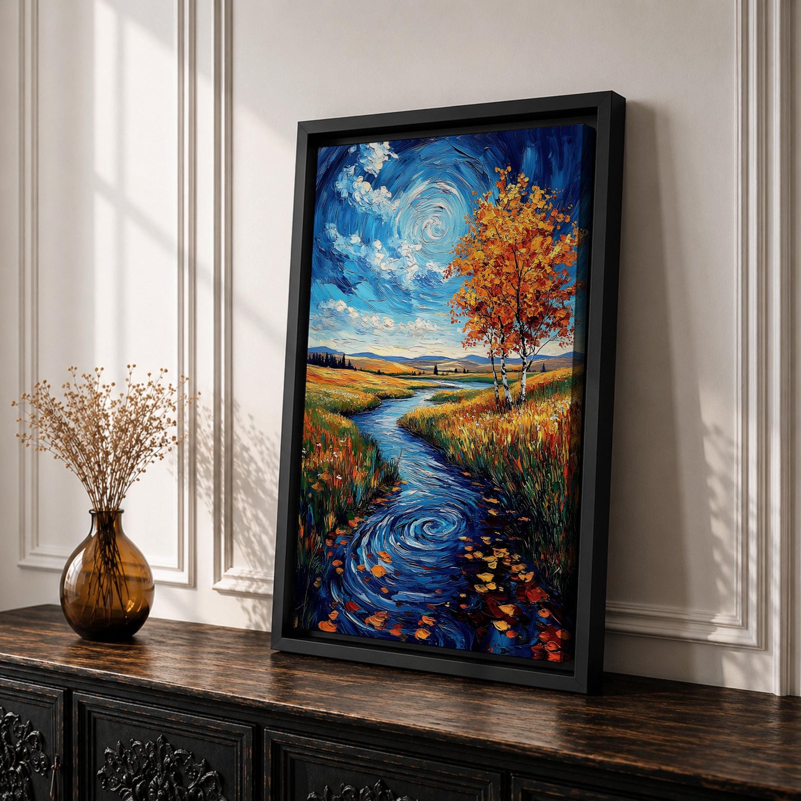 An impasto style oil painting depicting an autumn river winding through a vibrant landscape with colorful fall foliage, swirling water patterns, and a bright sky with clouds. The textured brushstrokes emphasize the natural scene of a river flowing between grassy fields and trees in autumn.