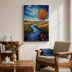 An impasto style oil painting depicting an autumn river winding through a vibrant landscape with colorful fall foliage, swirling water patterns, and a bright sky with clouds. The textured brushstrokes emphasize the natural scene of a river flowing between grassy fields and trees in autumn.